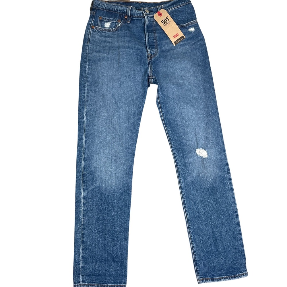 Levis 501 Jeans Womens 28W 30L Blue Button Fly Straight Leg Distressed High Rise
